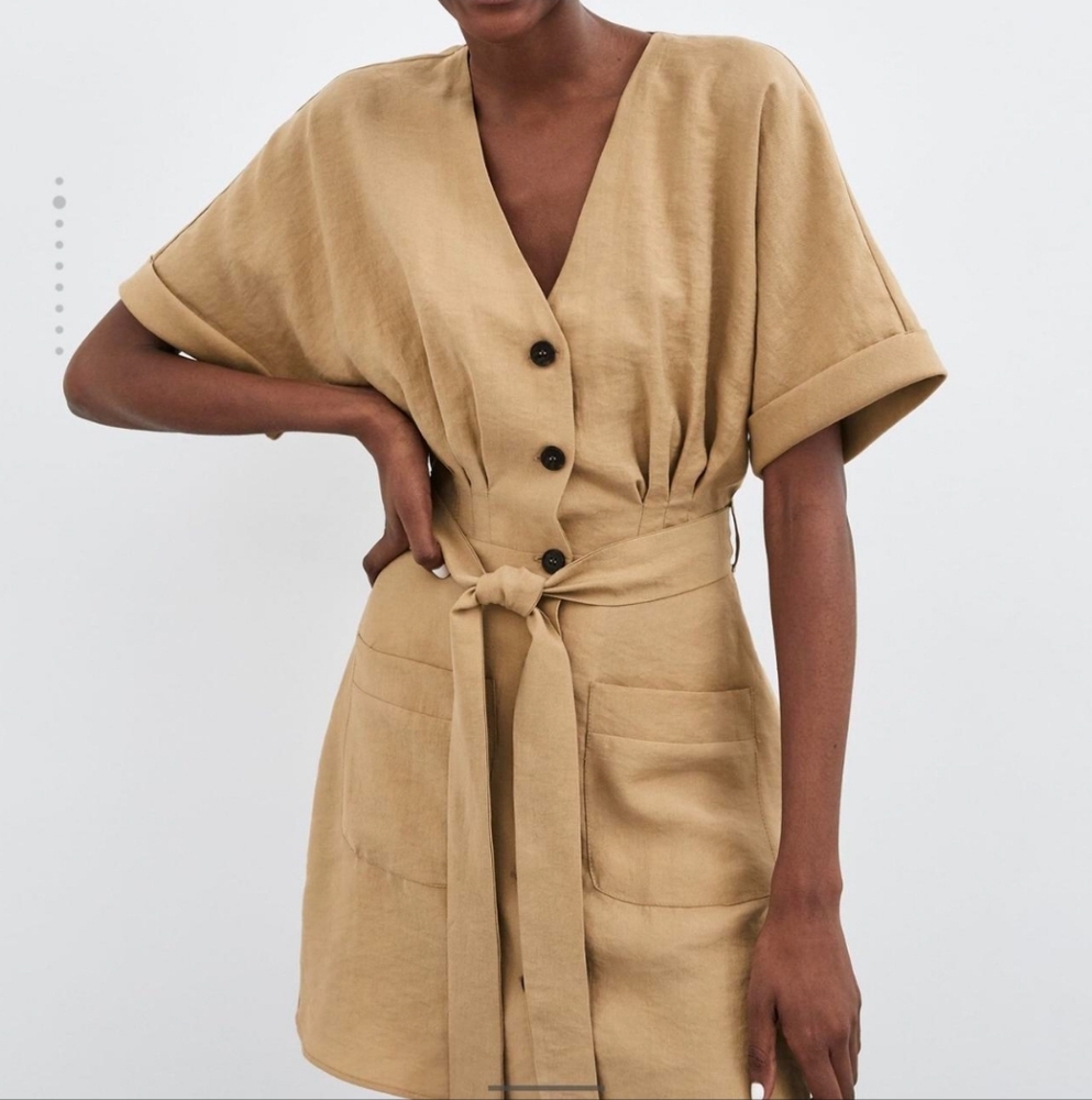 Zara Minimalist Belted Safari Button Front Mini Dress Pockets Tan Size Medium